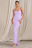 Flute Lilac Bodycon Maxi Dress With Ruched Ruffled Back