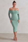 Only You Sage Ruched Mesh Bardot Midi Dress