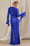 Cascades Blue Long Sleeve Maxi Chiffon Ruffle Cover Up