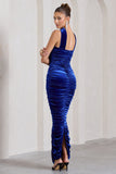 Cayenne Cobalt Blue Velvet Halter-Neck Bandeau Maxi Dress