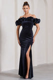 Esmeralda Navy Velvet Structured Ruffled Bardot Maxi Dress