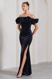 Esmeralda Navy Velvet Structured Ruffled Bardot Maxi Dress