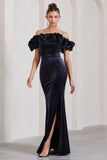 Esmeralda Navy Velvet Structured Ruffled Bardot Maxi Dress