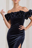 Esmeralda Navy Velvet Structured Ruffled Bardot Maxi Dress