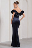 Esmeralda Navy Velvet Structured Ruffled Bardot Maxi Dress