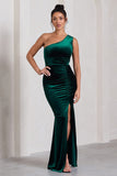 Stargazing Bottle Green Velvet Asymmetric Split Maxi Dress