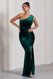 Stargazing Bottle Green Velvet Asymmetric Split Maxi Dress