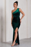 Stargazing Bottle Green Velvet Asymmetric Split Maxi Dress