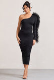 Wild One Black One-Shoulder Bodycon Midi Dress With Feather-Trimmed Sleeve