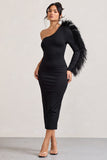 Wild One Black One-Shoulder Bodycon Midi Dress With Feather-Trimmed Sleeve