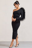 Wild One Black One-Shoulder Bodycon Midi Dress With Feather-Trimmed Sleeve