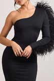 Wild One Black One-Shoulder Bodycon Midi Dress With Feather-Trimmed Sleeve