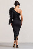 Wild One Black One-Shoulder Bodycon Midi Dress With Feather-Trimmed Sleeve