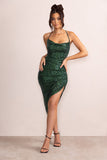 Anya Bottle Green Sequin Cami Cowl Neck Asymmetric Hem Midi Dress