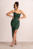 Anya Bottle Green Sequin Cami Cowl Neck Asymmetric Hem Midi Dress