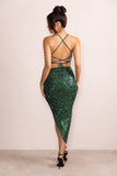 Anya Bottle Green Sequin Cami Cowl Neck Asymmetric Hem Midi Dress