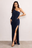 Este Navy Asymmetric One Sleeve Maxi Dress with Ruched Waistline and Side Split