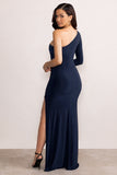 Este Navy Asymmetric One Sleeve Maxi Dress with Ruched Waistline and Side Split