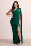 Alexia Bottle Green One-Shoulder Maxi Dress with Cape Sleeve and Thigh Split