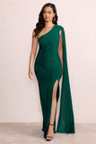 Alexia Bottle Green One-Shoulder Maxi Dress with Cape Sleeve and Thigh Split