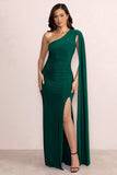 Alexia Bottle Green One-Shoulder Maxi Dress with Cape Sleeve and Thigh Split