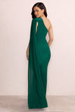 Alexia Bottle Green One-Shoulder Maxi Dress with Cape Sleeve and Thigh Split