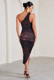 Dorit Plum Print One Shoulder Asymmetric Ruched Midi Dress