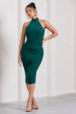 Chrissy Bottle Green Halterneck Ruched Midi Dress