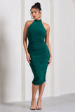 Chrissy Bottle Green Halterneck Ruched Midi Dress