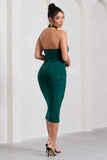 Chrissy Bottle Green Halterneck Ruched Midi Dress