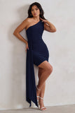 Charlie Navy One Shoulder Ruched Mini Dress With Statement Drape