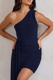 Charlie Navy One Shoulder Ruched Mini Dress With Statement Drape