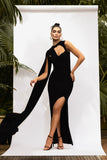 Emmey Black Asymmetric Cut Out Maxi Dress With Statement Cape