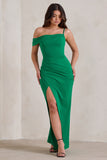 Tullulah Green Asymmetric Draped Maxi Dress With Split