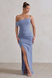 Tullulah Blue Asymmetric Draped Maxi Dress With Split