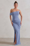 Tullulah Blue Asymmetric Draped Maxi Dress With Split