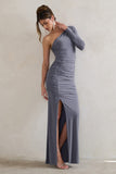 Doll Grey Asymmetric One Sleeve Ruched Maxi Dress