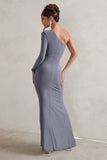 Doll Grey Asymmetric One Sleeve Ruched Maxi Dress