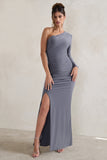 Doll Grey Asymmetric One Sleeve Ruched Maxi Dress