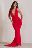 Saffina Red Cowl Neck Low Back Maxi Dress