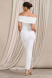 Camrin White Ruched Bardot Maxi Dress With Train Detail