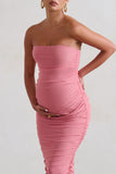 My Lady Maternity Blush Pink Strapless Bodycon Ruched Mesh Maxi Dress