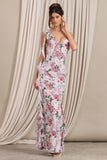 Leading Lady Pink Floral Print Chiffon Asymmetric Ruffle Maxi Dress