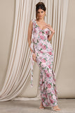 Leading Lady Pink Floral Print Chiffon Asymmetric Ruffle Maxi Dress