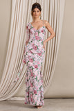 Leading Lady Pink Floral Print Chiffon Asymmetric Ruffle Maxi Dress