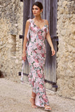 Leading Lady Pink Floral Print Chiffon Asymmetric Ruffle Maxi Dress