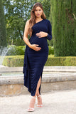 Never Let Go  Navy Maternity One Shoulder Ruched Side Detail Maxi Dress