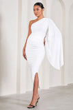 Adeline White Ruched Asymmetric Split Maternity Midi Dress With Cape Sleeve