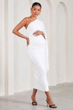 Adeline White Ruched Asymmetric Split Maternity Midi Dress With Cape Sleeve