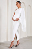 Adeline White Ruched Asymmetric Split Maternity Midi Dress With Cape Sleeve